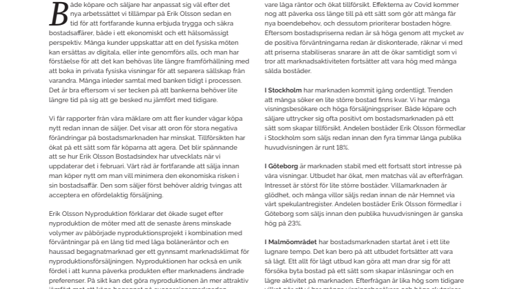 Erik Olsson Fastighetsförmedling kommenterar bostadsmarknaden 20 januari 2021