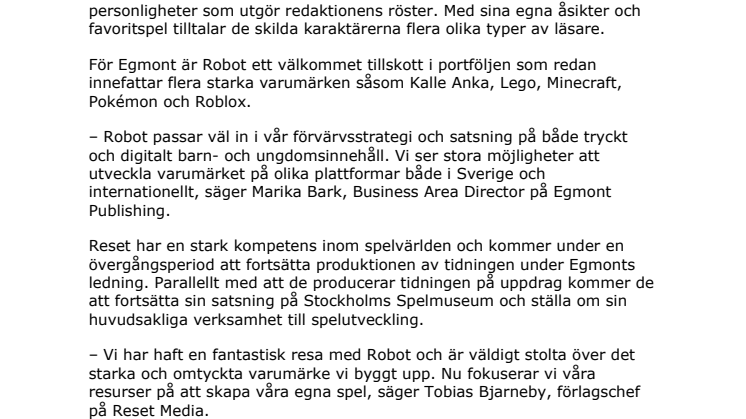 Egmont förvärvar tidningen Robot 