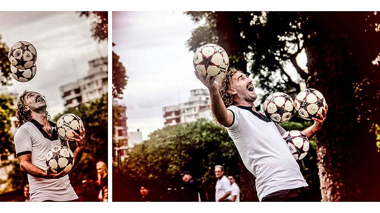 Den argentinske fotbollsjonglören Mencho Sosa är en av de internationella gatuteaterartister som uppträder på The Tall Ships Races i Halmstad, 30 juni-3 juli. 