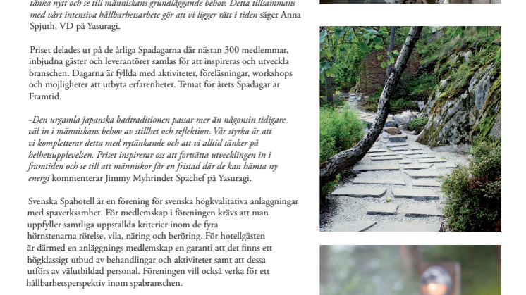 Yasuragi tilldelas Årets Branschpris 2014 av föreningen Svenska Spahotell. 