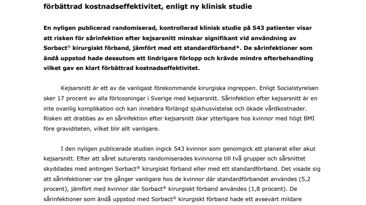 Sorbact® minskar risken för sårinfektion efter kejsarsnitt och ger förbättrad kostnadseffektivitet, enligt ny klinisk studie