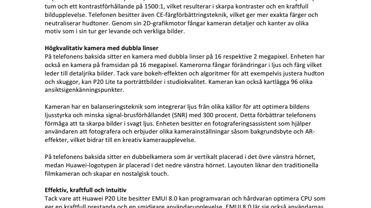 Huawei lanserar P20 Lite: Stilsäker telefon med kraftfull prestanda 