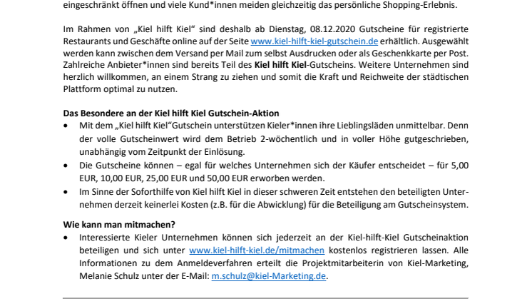 Kiel hilft Kiel-Gutschein bietet ab 8. Dezember Soforthilfe für Handel und Gastronomie