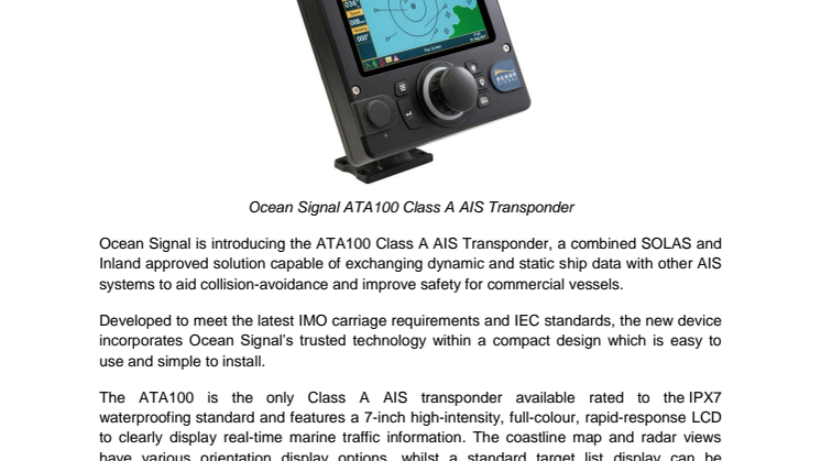 Ocean Signal Introduces ATA100 Class A AIS Transponder