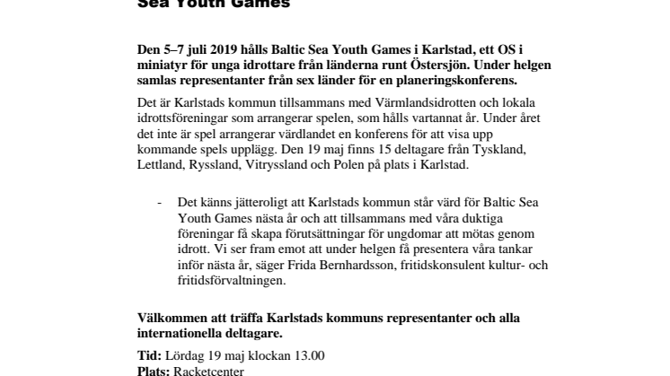 ​Pressinbjudan: Karlstad får besök av deltagarländerna i Baltic Sea Youth Games