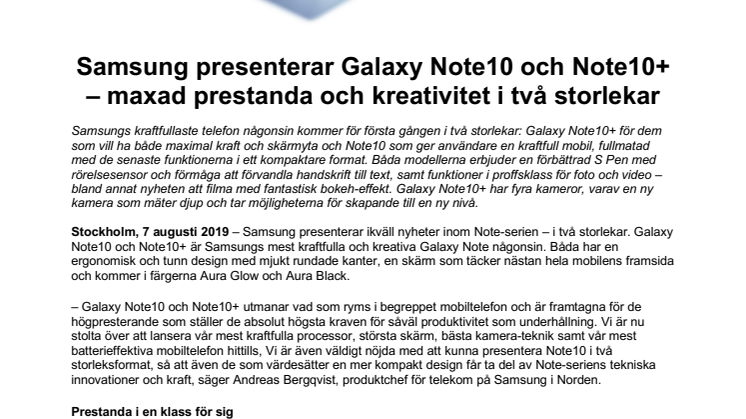 Samsung presenterar Galaxy Note10 och Note10+ – maxad prestanda och kreativitet i två storlekar
