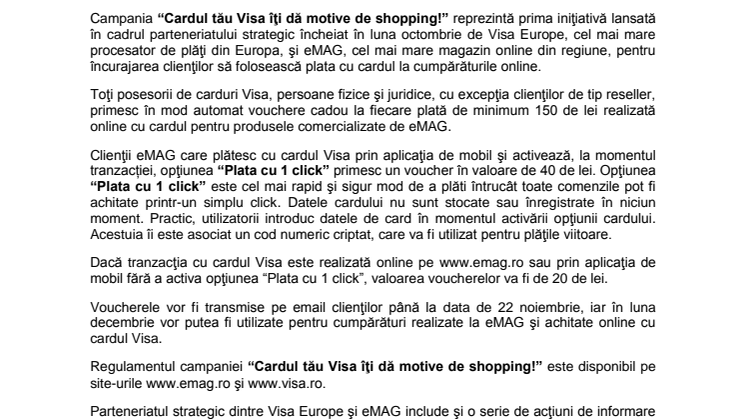 Visa Europe şi eMAG lansează campania “Cardul tău Visa îţi dă motive de shopping!”