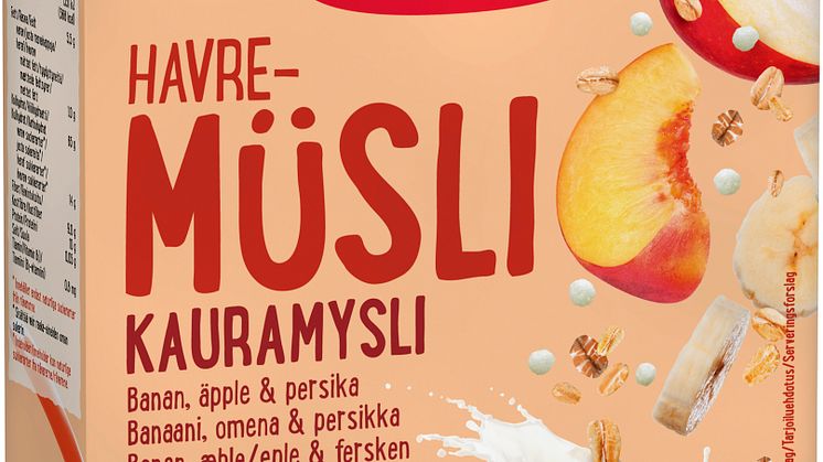 Ekologisk havremüsli för barn med banan, äpple och persika