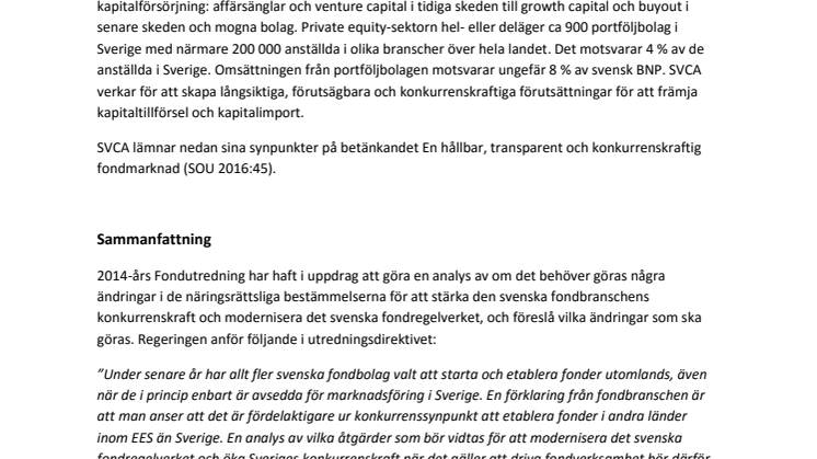 Remissyttrande – En hållbar, transparent och konkurrenskraftig fondmarknad (SOU 2016:45)