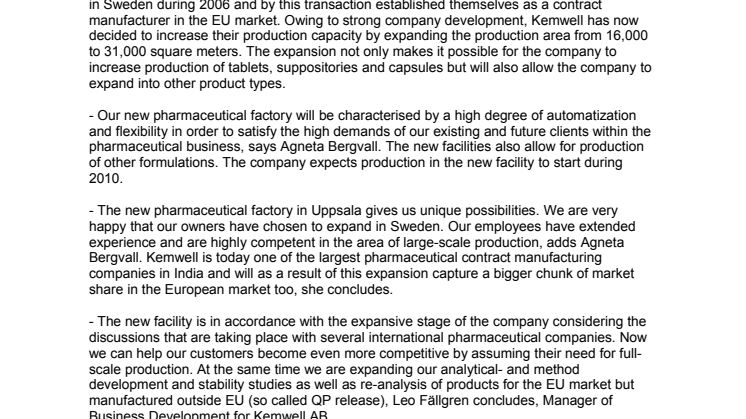 Swedish – Indian contract manufacturer takes a giant leap forward - opening their second pharmaceutical production centre in Sweden 