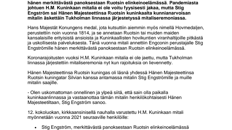 271021_Press_Engconin perustaja Stig Engström vastaanotti Hänen Majesteettinsa Ruotsin kuninkaan myöntämän mitalin  Tukholman linnassa