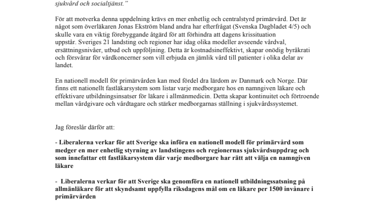 Inför en nationell modell för primärvården