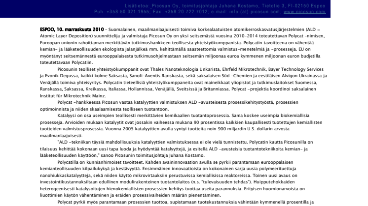 Picosun kehittää ALD-avusteisia prosesseja kemian- ja lääketeollisuuden aloilla