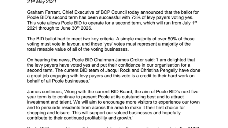 Resounding Success for Poole BID as Levy Payers Support Second 5-year term, 2021 to 2026