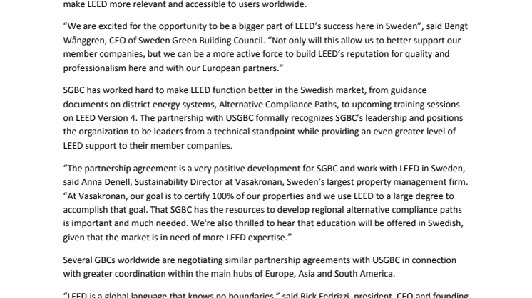 Sweden Green Building Council signs strategic business partnership with USGBC
