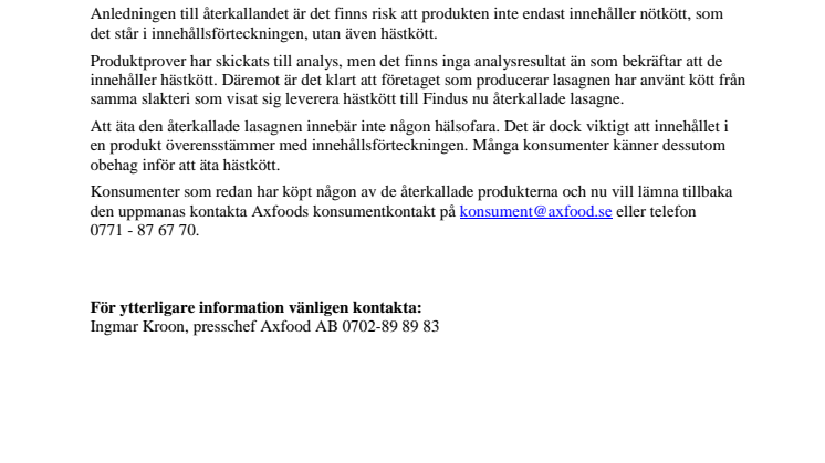 Axfood återkallar lasagne som misstänks innehålla hästkött