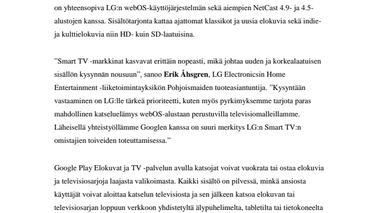 GOOGLE PLAY TUO UUSIMMAT ELOKUVAT JA TELEVISIOSARJAT LG:N SMART TV -MALLEILLE