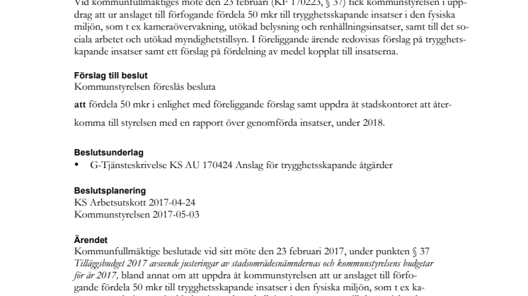 Tjänsteskrivelse, anslag för trygghetsskapande åtgärder 