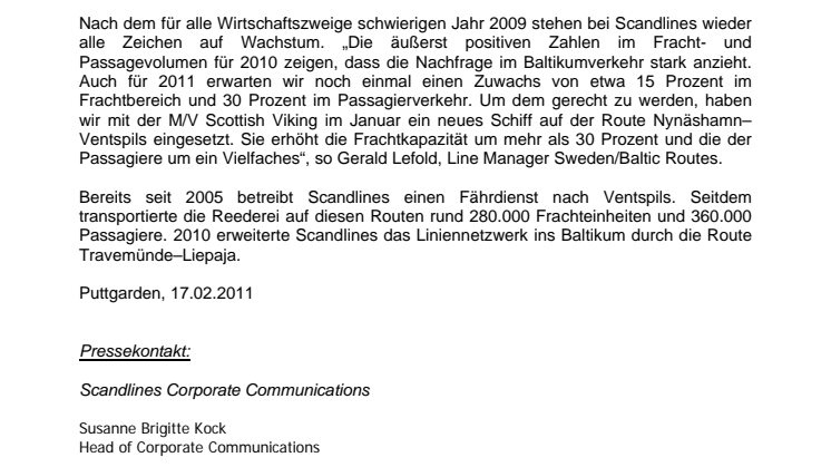 Scandlines 2010 starkem Zuwachs im Baltikumverkehr