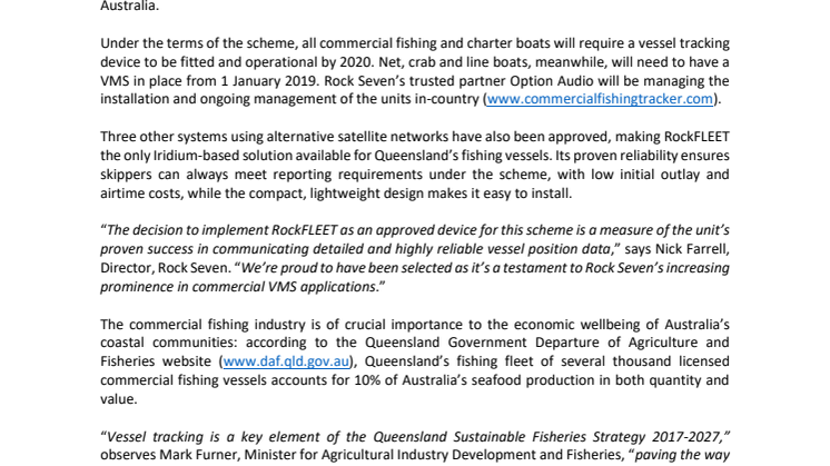 Rock Seven: RockFLEET approved as only Iridium solution for Queensland fishing Vessel Monitoring System
