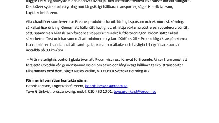 Preem och HOYER tecknar nytt avtal för petroleumtransporter 