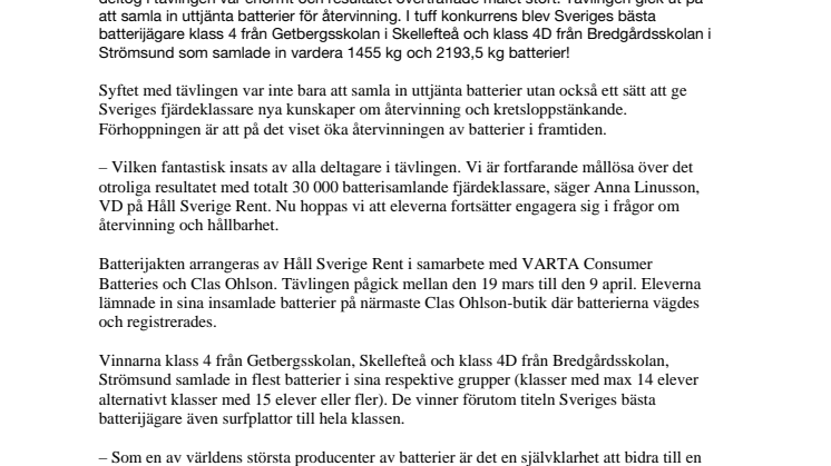Sveriges fjärdeklassare samlade ihop 268 ton batterier!
