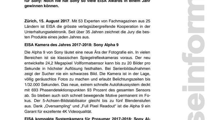 SONY FEIERT SIEBEN EISA AWARDS