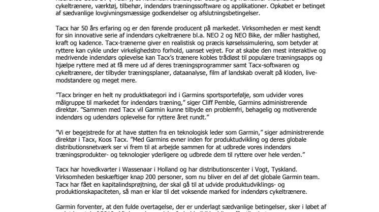 Garmin® opkøber Tacx,  den førende producent af indendørs cykeltrænere