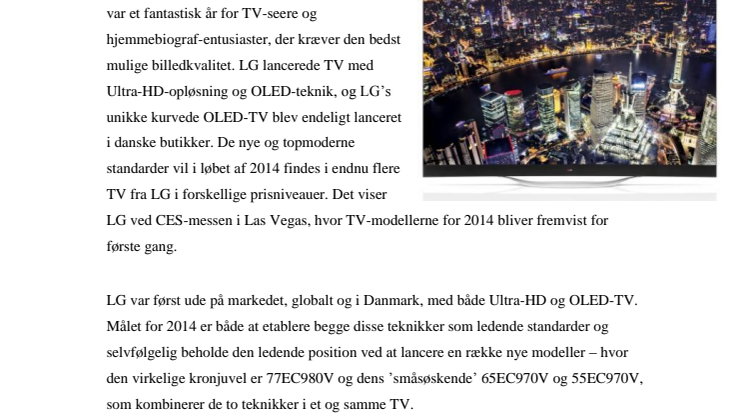 OLED OG ULTRA-HD DOMINERER, NÅR LG PRÆSENTERER ÅRETS NYESTE TV-MODELLER 