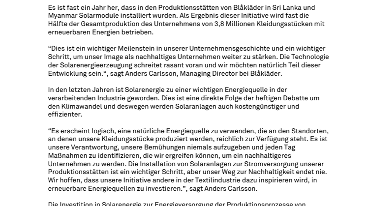 BLÅKLÄDER TREIBT DIE PRODUKTION MIT SOLARENERGIE VORAN 