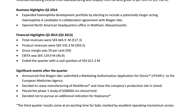 Sobi publishes Report for the Third Quarter 2014
