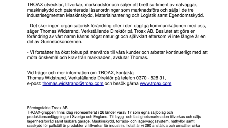 Gunnebo Troax AB blir Troax AB