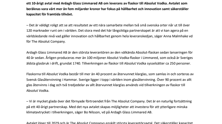The Absolut Company tecknar miljardavtal – hållbarhet i fokus i nytt 10-årigt partnerskap med Ardagh Group