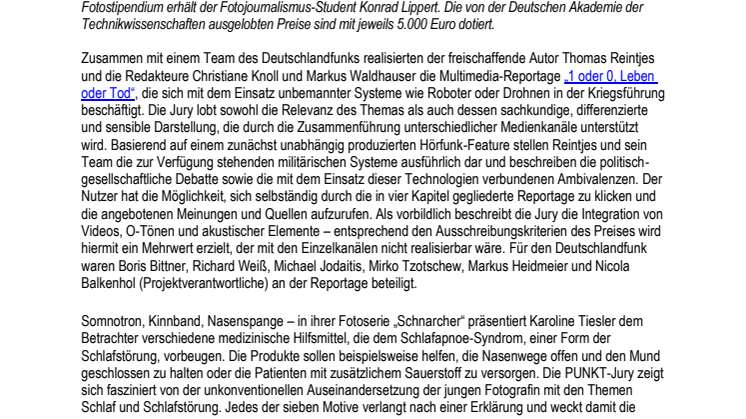 Journalistenpreis PUNKT: Multimedia-Reportage „1 oder 0, Leben oder Tod“ und Fotoserie „Schnarcher“ ausgezeichnet