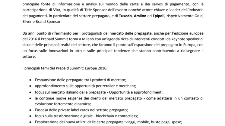 Prepaid Summit: Europe 2016 Torna a Milano l’appuntamento con le prepagate