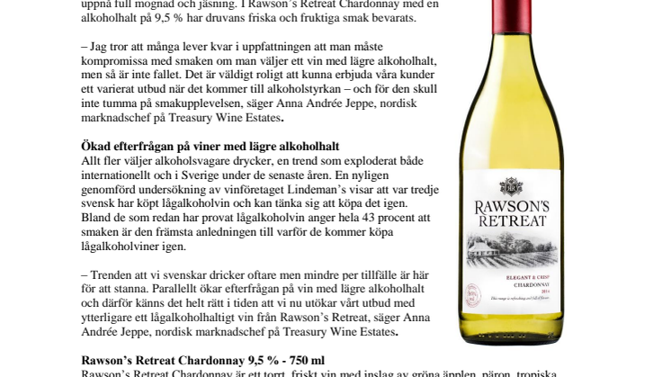 Ny Chardonnay med lägre alkoholhalt från Rawson’s Retreat