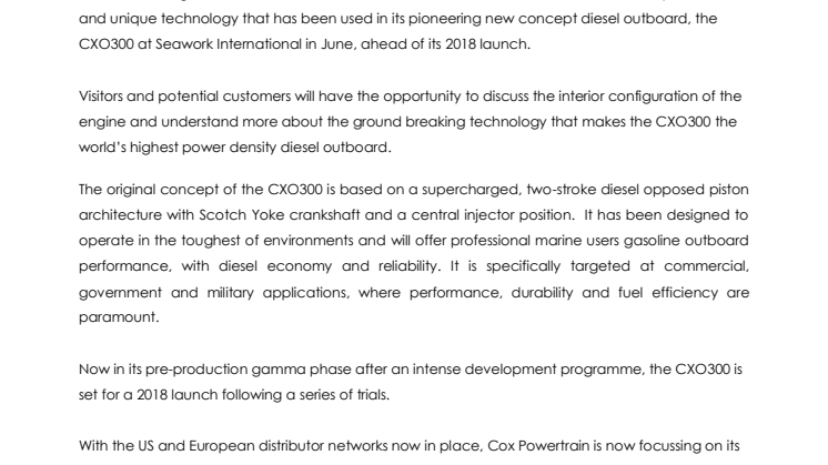 Cox Powertrain: Seawork to Provide an Insight into the Cutting Edge Technology Behind the CXO300 