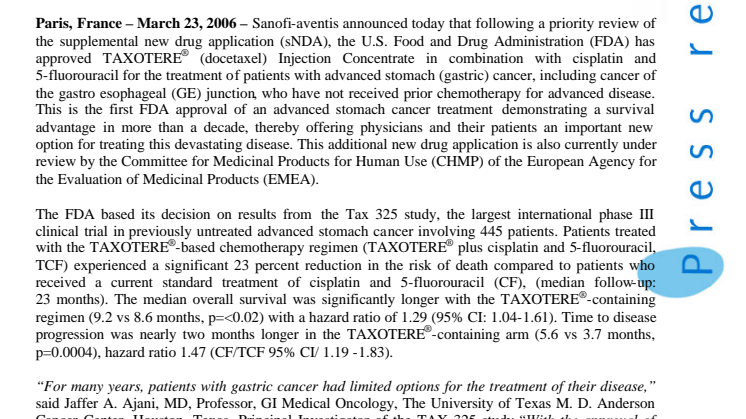 TAXOTERE® RECEIVES U.S. FDA APPROVAL FOR USE IN ADVANCED STOMACH CANCER