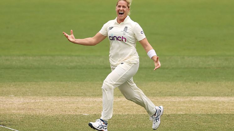 Katherine Brunt celebrating a five-wicket haul in her final Test. Photo: Getty Images