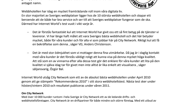 Internet World utser City Network till ett av Sveriges absolut bästa webbhotell