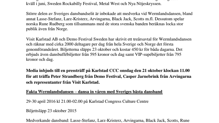 Pressinbjudan 21 oktober klockan 11.00: Wermlandsdansen – dansa in våren med Sveriges bästa dansband