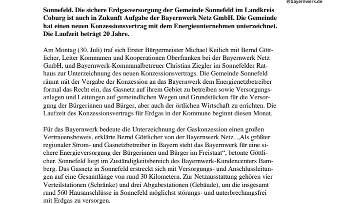 Partner bei der Gasversorgung: Sonnefeld und Bayernwerk verlängern Konzession