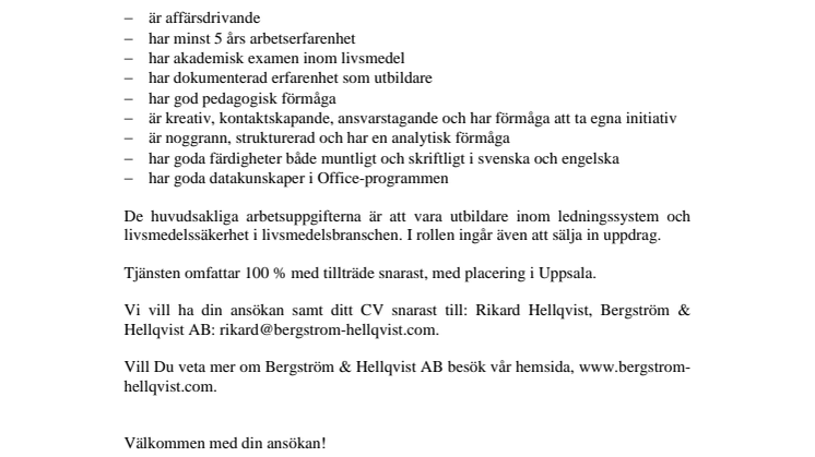 Affärsdrivande utbildare inom livsmedel sökes!