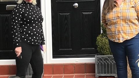 Margaret Fraser, Head of Regeneration at ng homes collecting face masks from Briege
