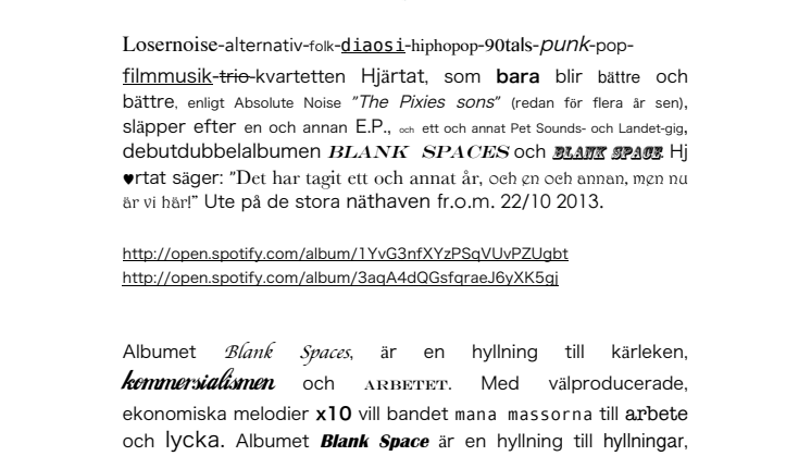 Blank Spaces - Nytt Album av Bandet Hjärtat