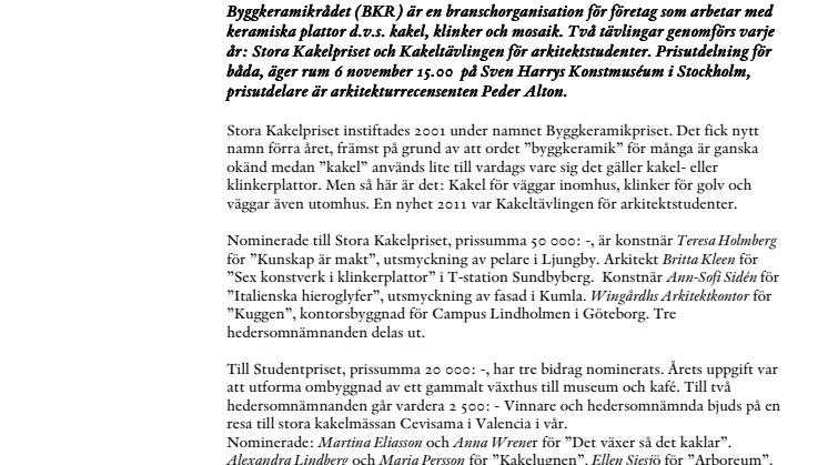Nominerade till Kakelpris