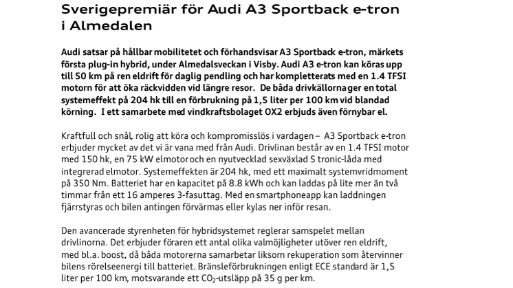 Sverigepremiär för Audi A3 Sportback e-tron i Almedalen
