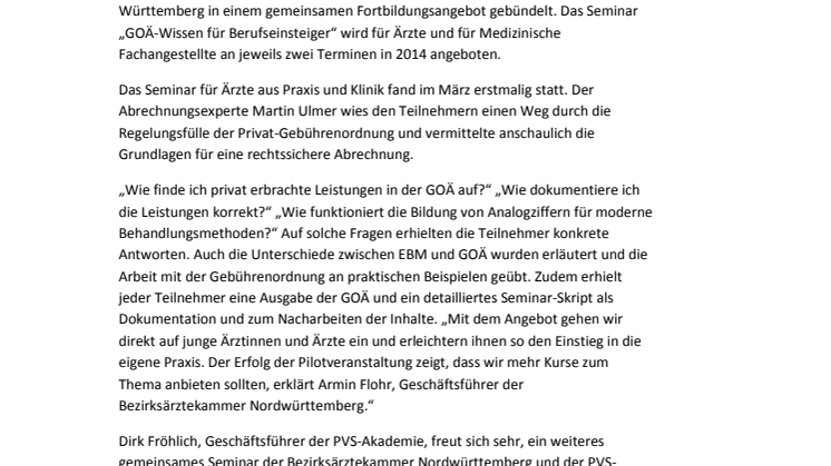 GOÄ-Weiterbildung im Verbund mit der Bezirksärztekammer Nordwürttemberg erfolgreich gestartet