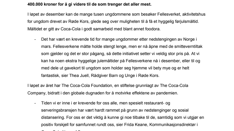 foodora og Coca-Cola gir ungdom et hyggelig førjulsmåltid gjennom Røde Kors