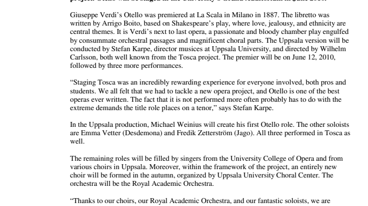 Uppsala University to stage Verdi's opera Otello